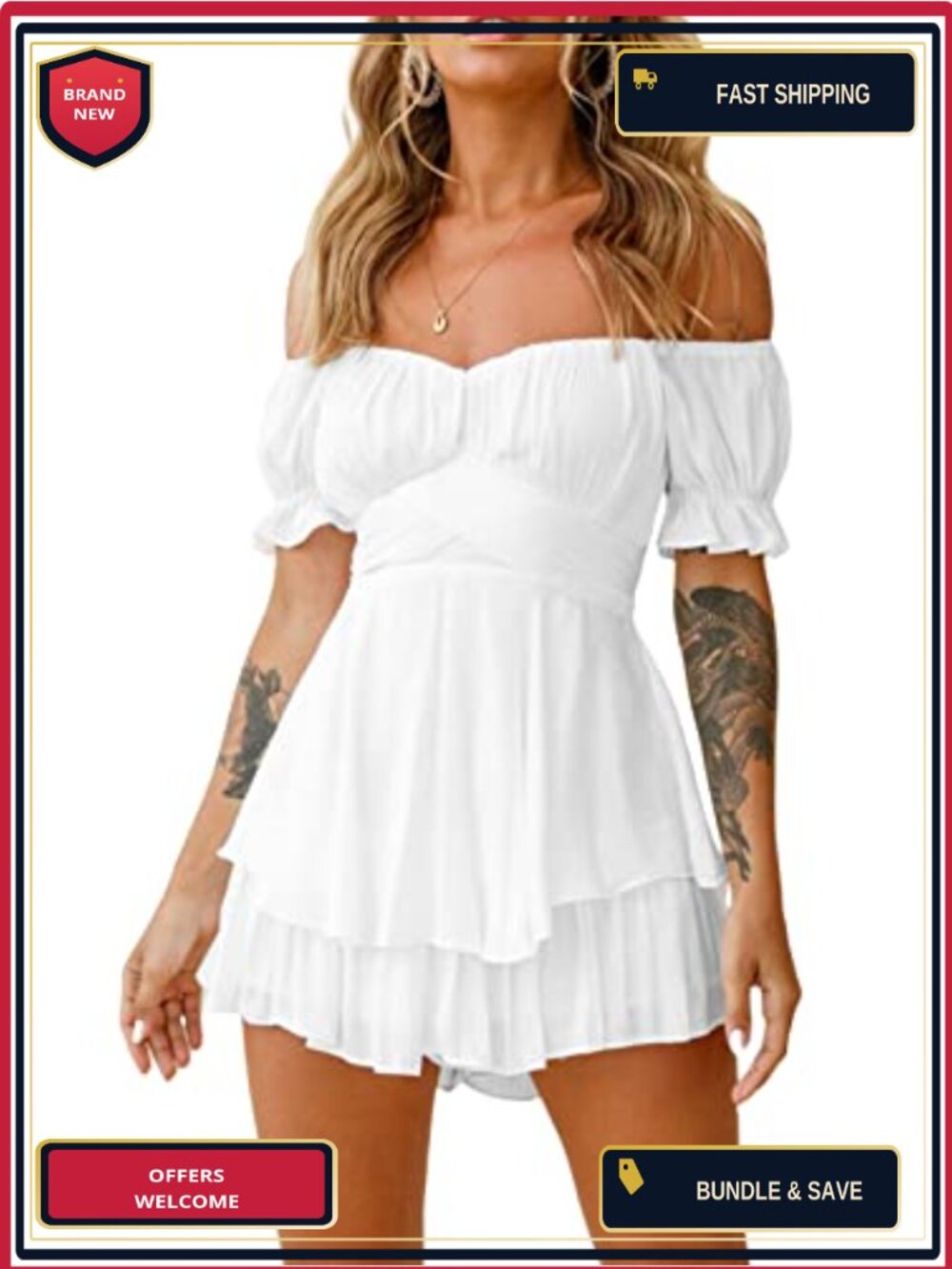 Women Puff Sleeve Romper Off Shoulder Ruffle Dress with Shorts Long Sleeve